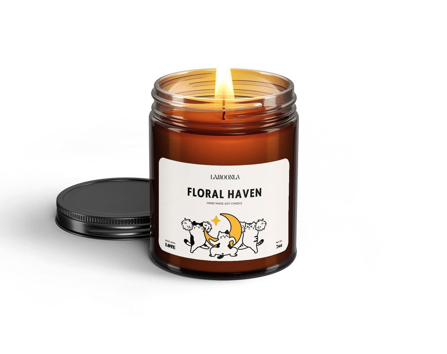 Indulge in Lamoonla - Floral Haven Candle, a soy wax creation handmade with care in the USA. Escape into the rich aroma of raspberry, citrus, melon.  #HandmadeCandle #SoyWax #MadeInUSA
