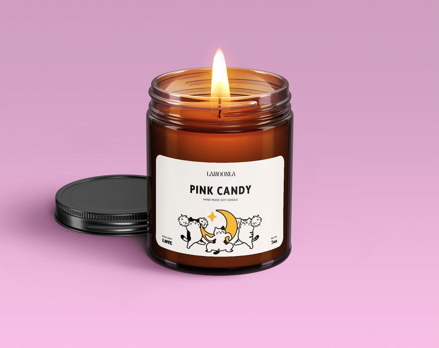 Indulge in Lamoonla - Pink Candy Candle, a soy wax creation handmade with care in the USA. Escape into the rich aroma of strawberry, raspberry, black currant, tonka bean, vanilla, light musk.  #HandmadeCandle #SoyWax #MadeInUSA