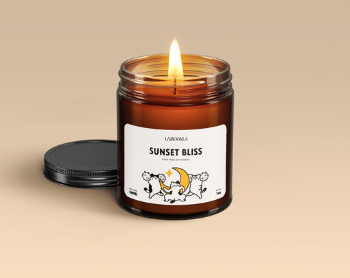 Indulge in Lamoonla - Sunset Bliss Candle, a soy wax creation handmade with care in the USA. Escape into the rich aroma of coconut, gardenia, musk, amber, vanilla.  #HandmadeCandle #SoyWax #MadeInUSA